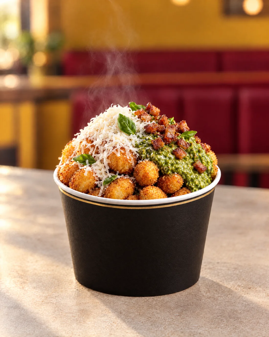 Gnocchi Crousty Salé : pesto, parmesan, lardons croustillants