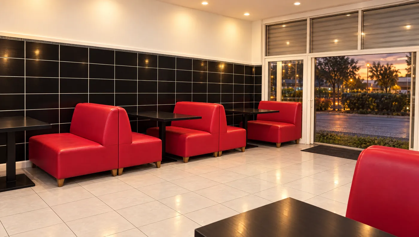 Les banquettes rouges et les tables de la salle