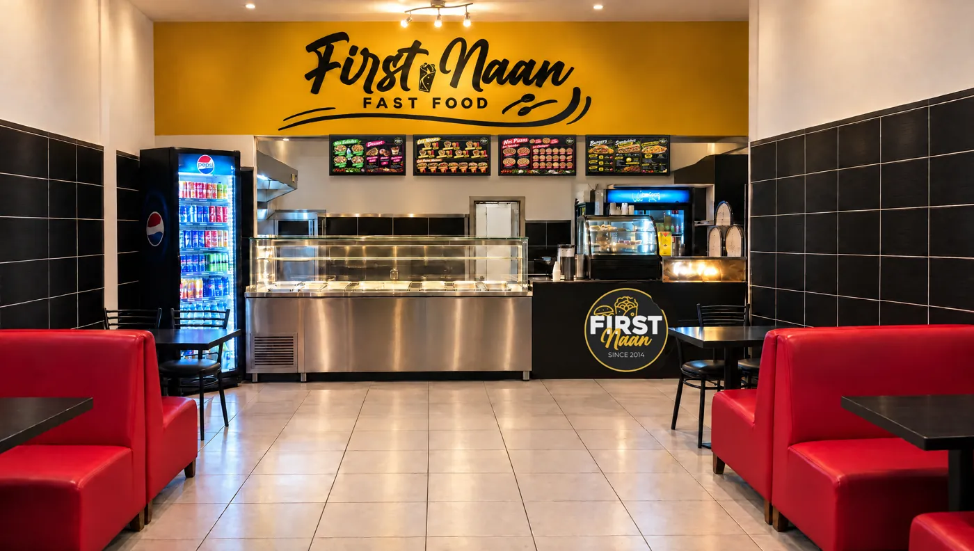 La salle principale : comptoir, écrans de menu et mur jaune FIRST Naan