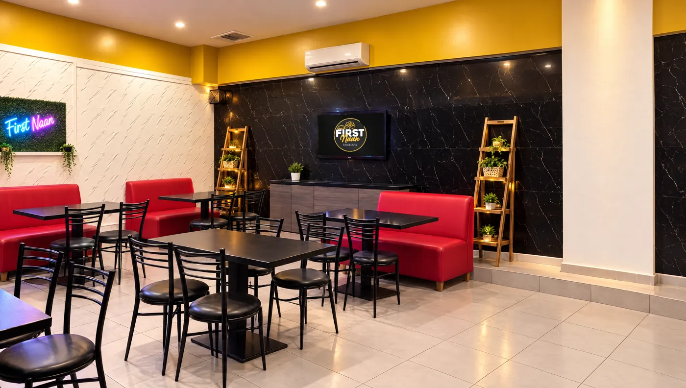La deuxième salle : mur en marbre noir et néon FIRST Naan