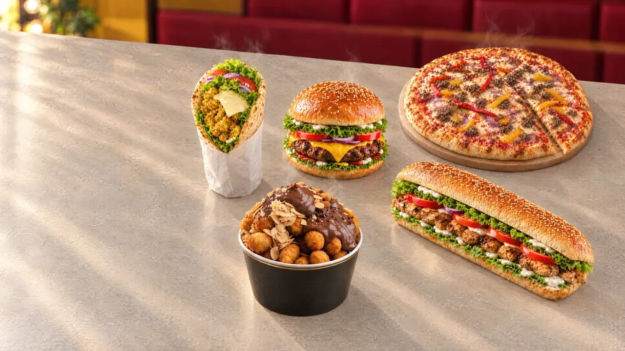 Naan, burger, pizza, sandwich et Gnocchi Crousty sur le comptoir de FIRST Naan